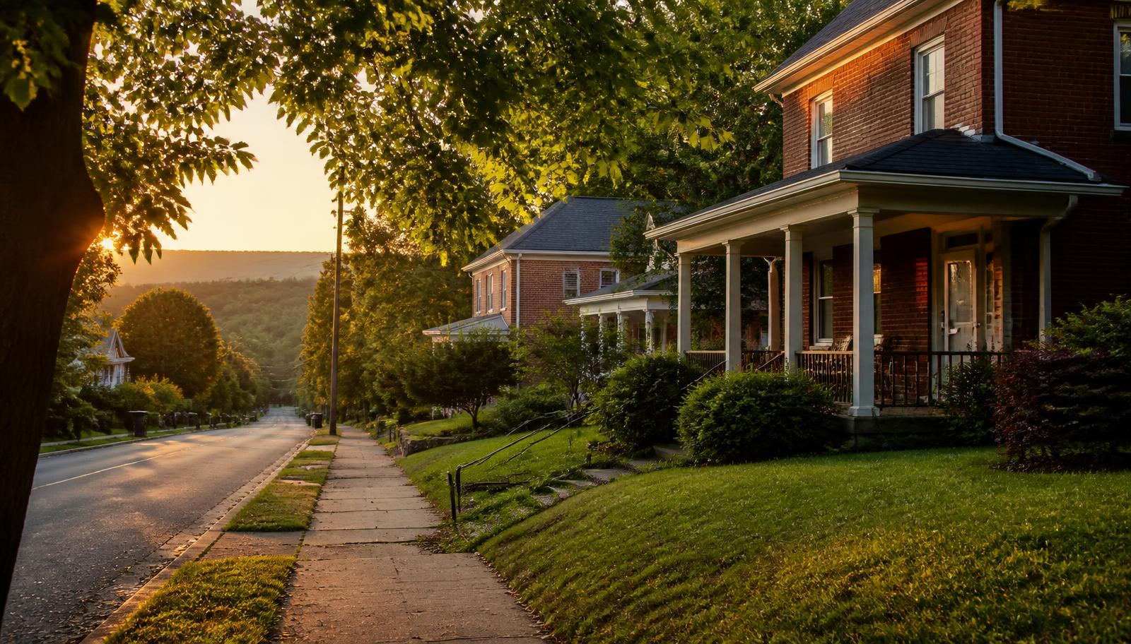 A quiet tree-lined West Tennessee neighborhood at golden hour